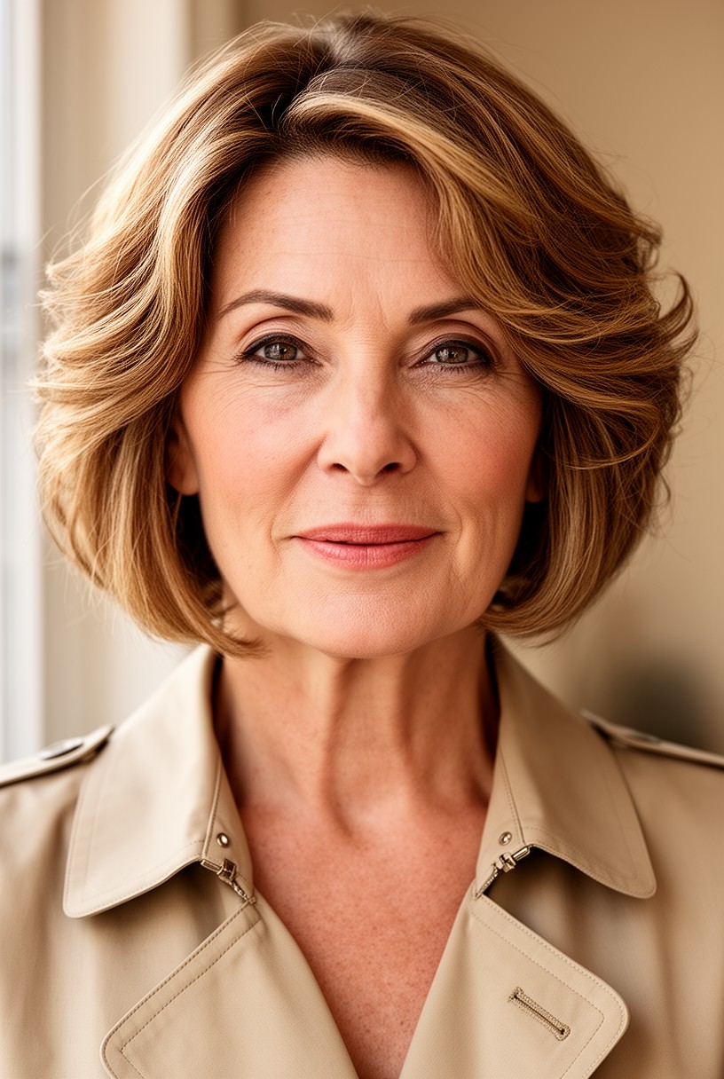 Femme de 61 ans avec un bob court ondulé châtain clair
