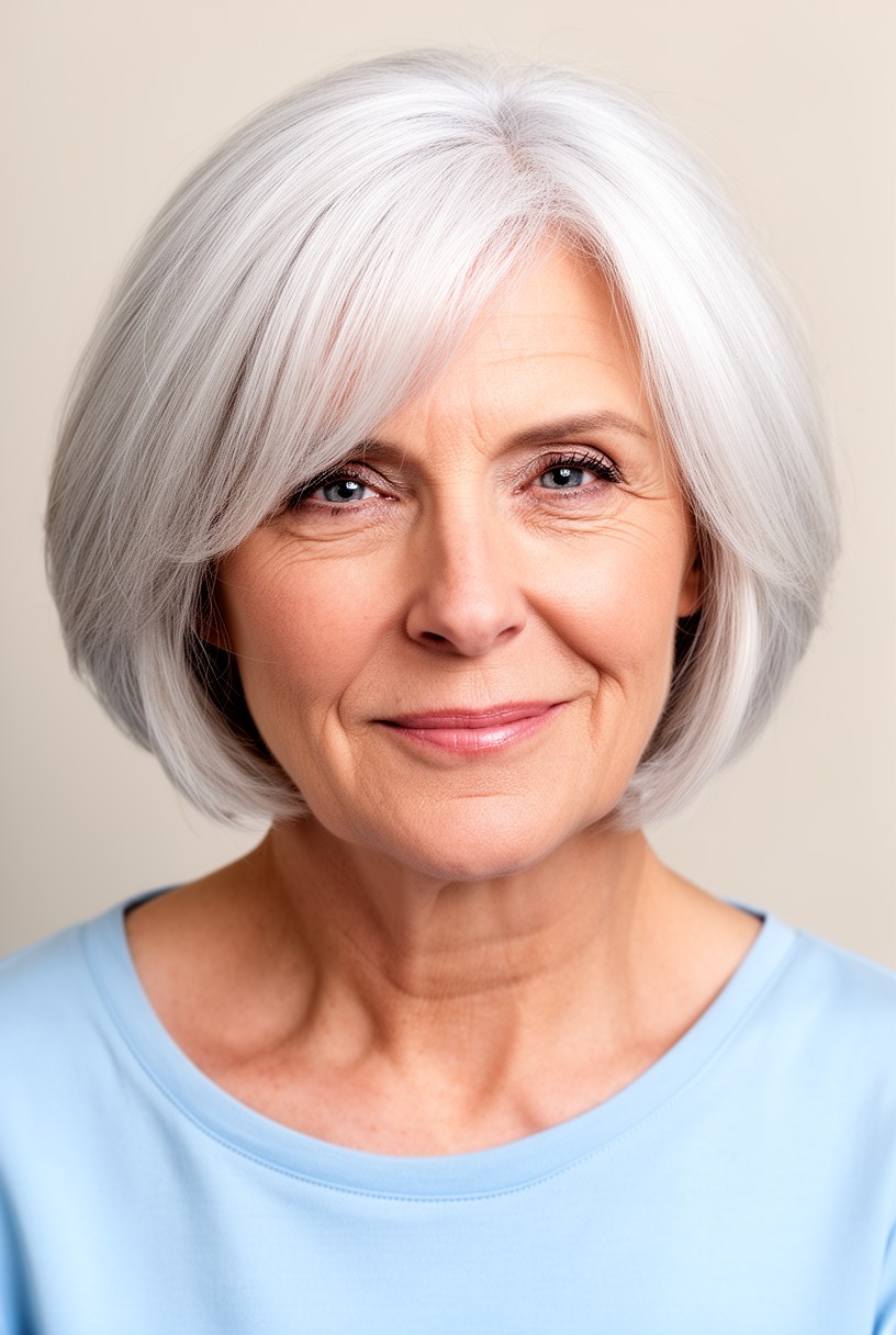 Femme de 64 ans aux cheveux fins avec un carré dégradé volumineux