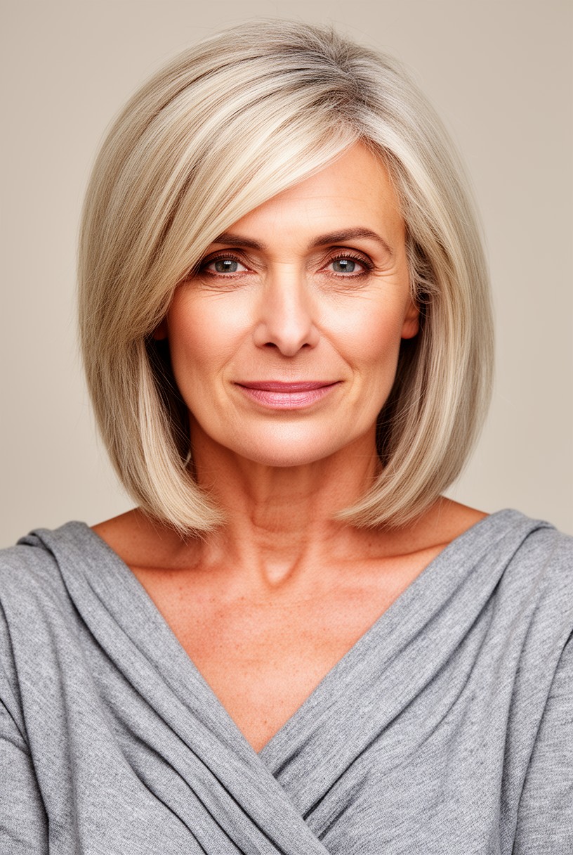 Femme de 62 ans avec un carré plongeant dégradé mi-long