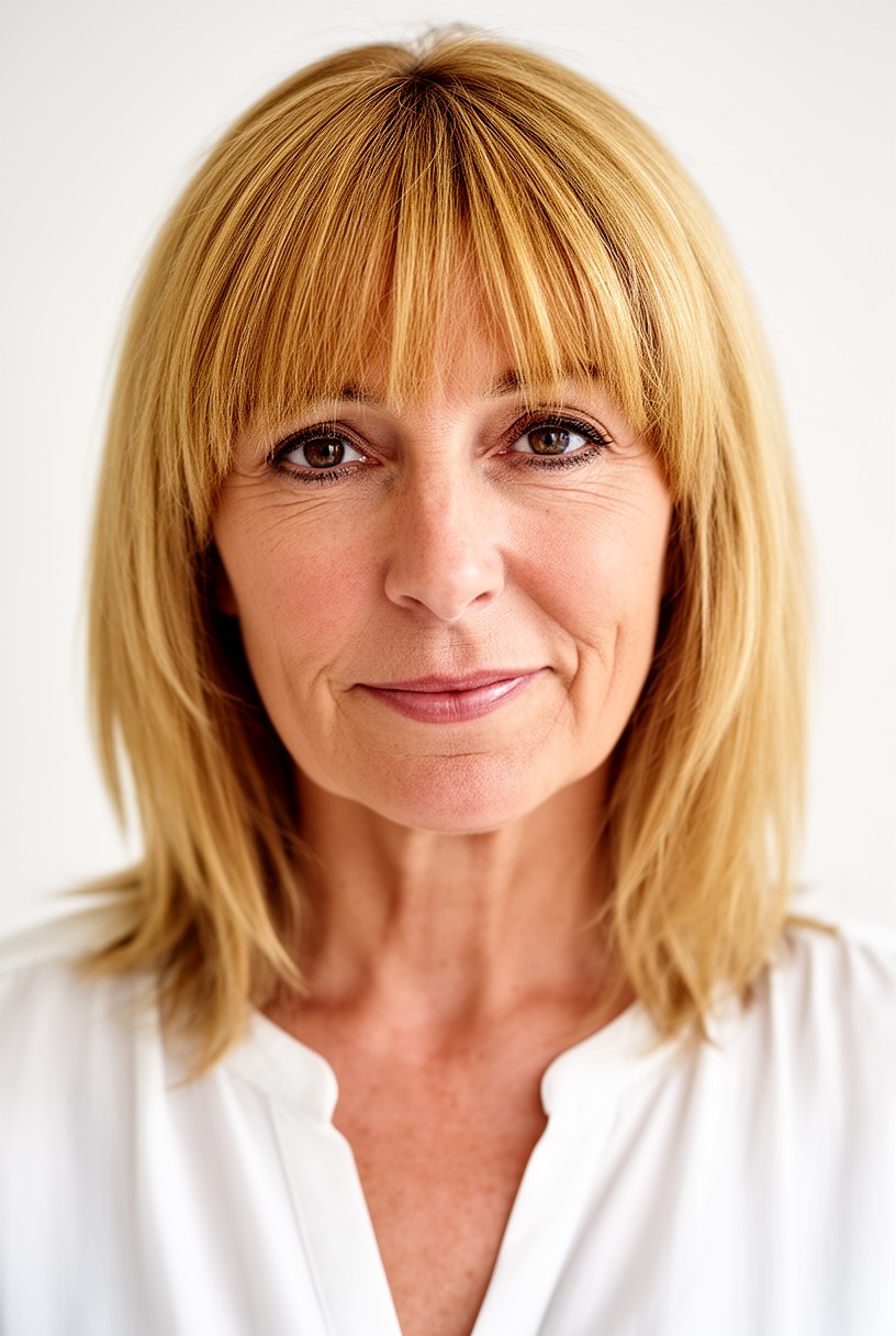 Femme de 59 ans avec une coupe mi-longue et une frange rideau