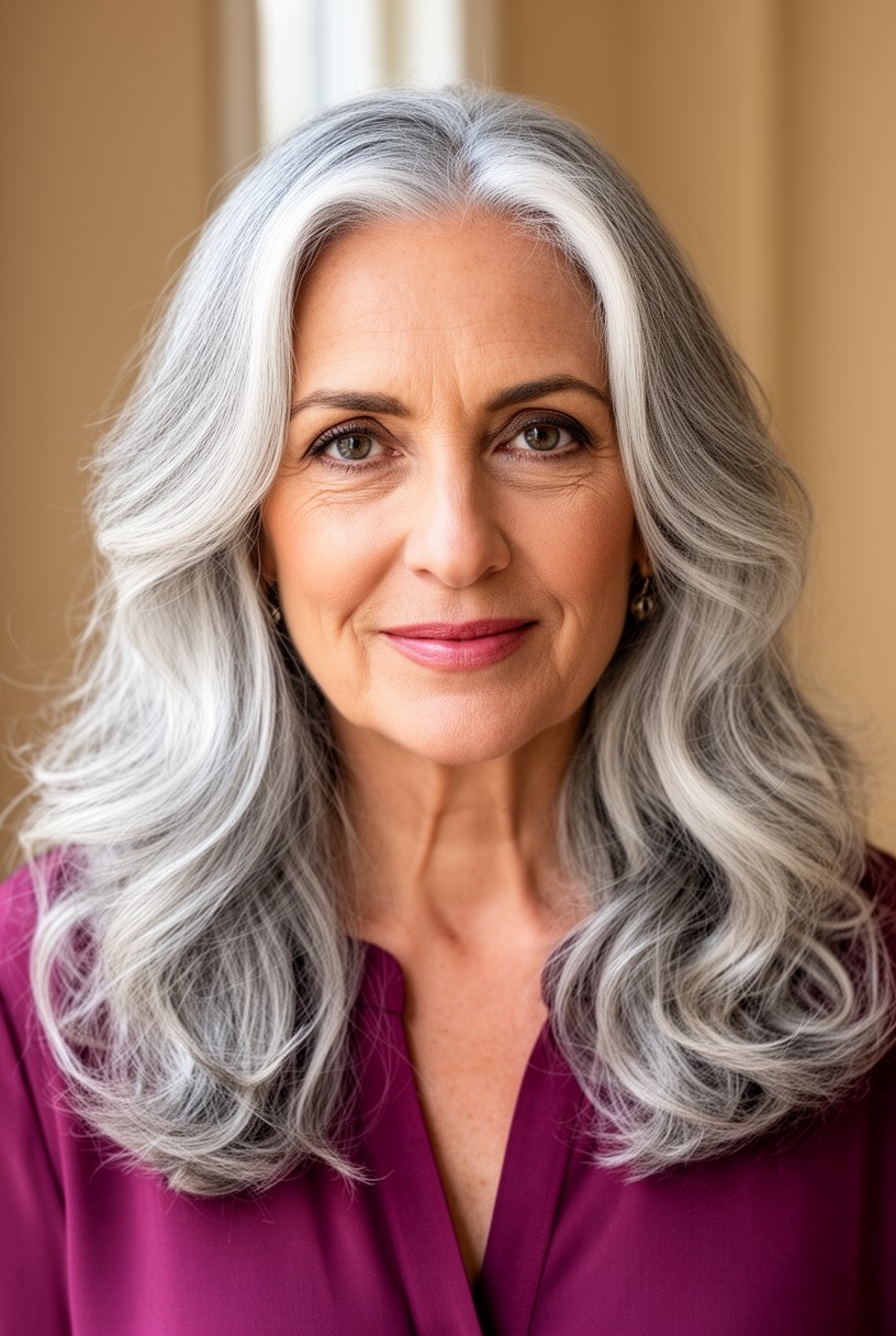 Femme de 61 ans avec des cheveux longs gris ondulés naturels