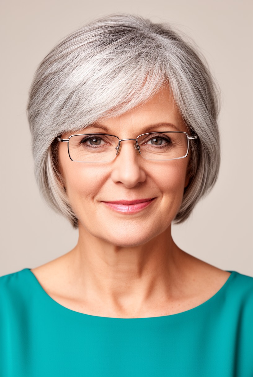 Femme de 62 ans avec une coupe courte et des lunettes fines