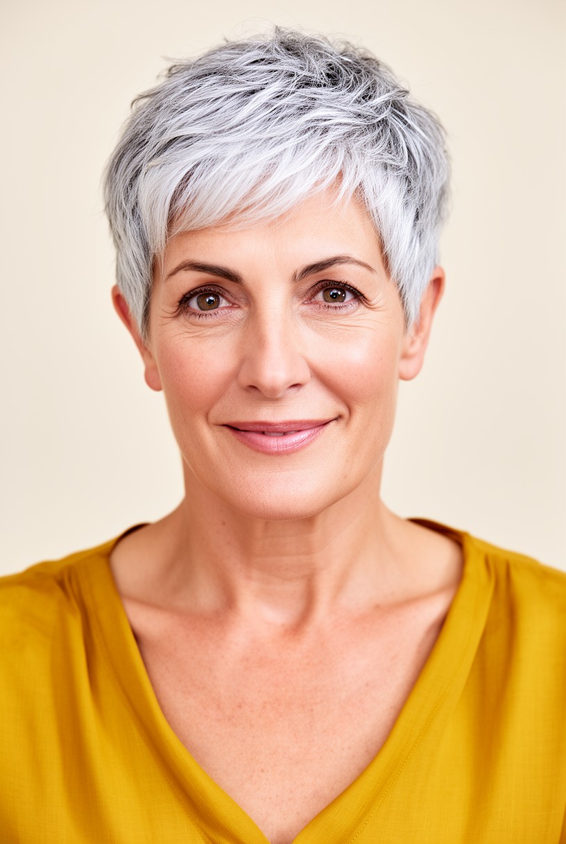 Femme de 60 ans avec un pixie court texturisé gris argent