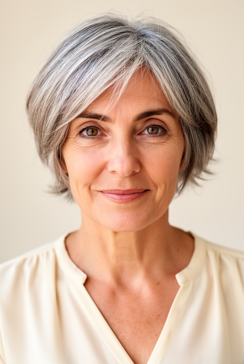 Femme de 63 ans avec une coupe courte poivre et sel lumineuse