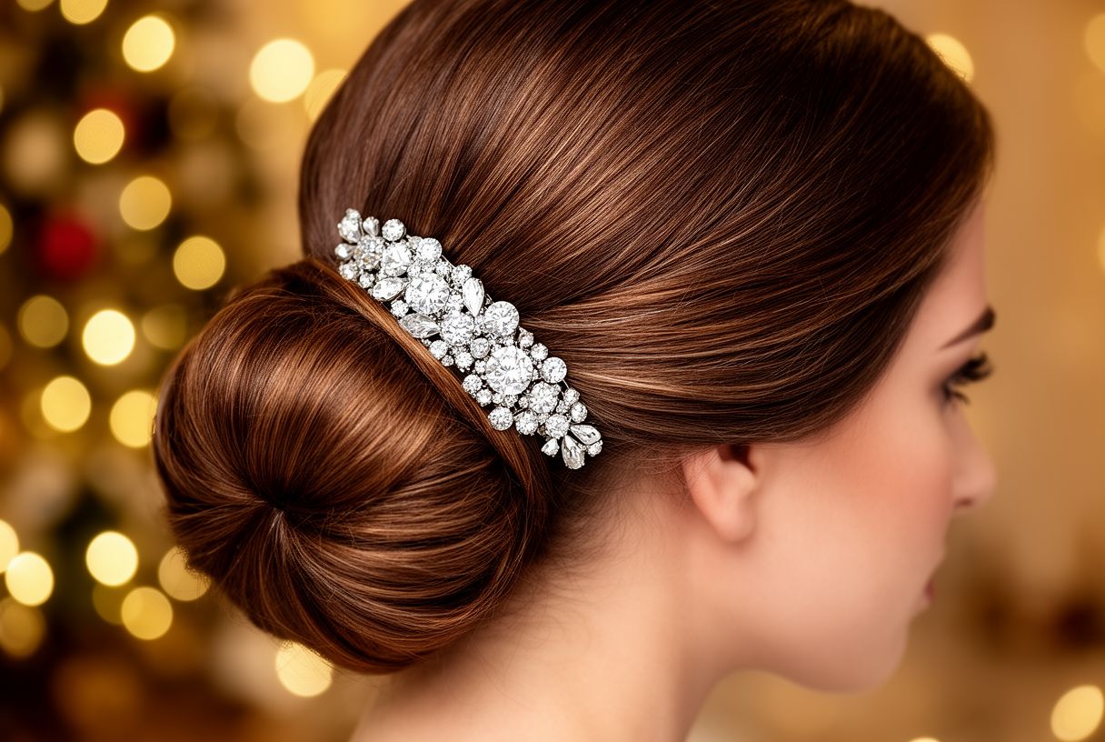 Chignon orné d'une barrette scintillante pour les fêtes