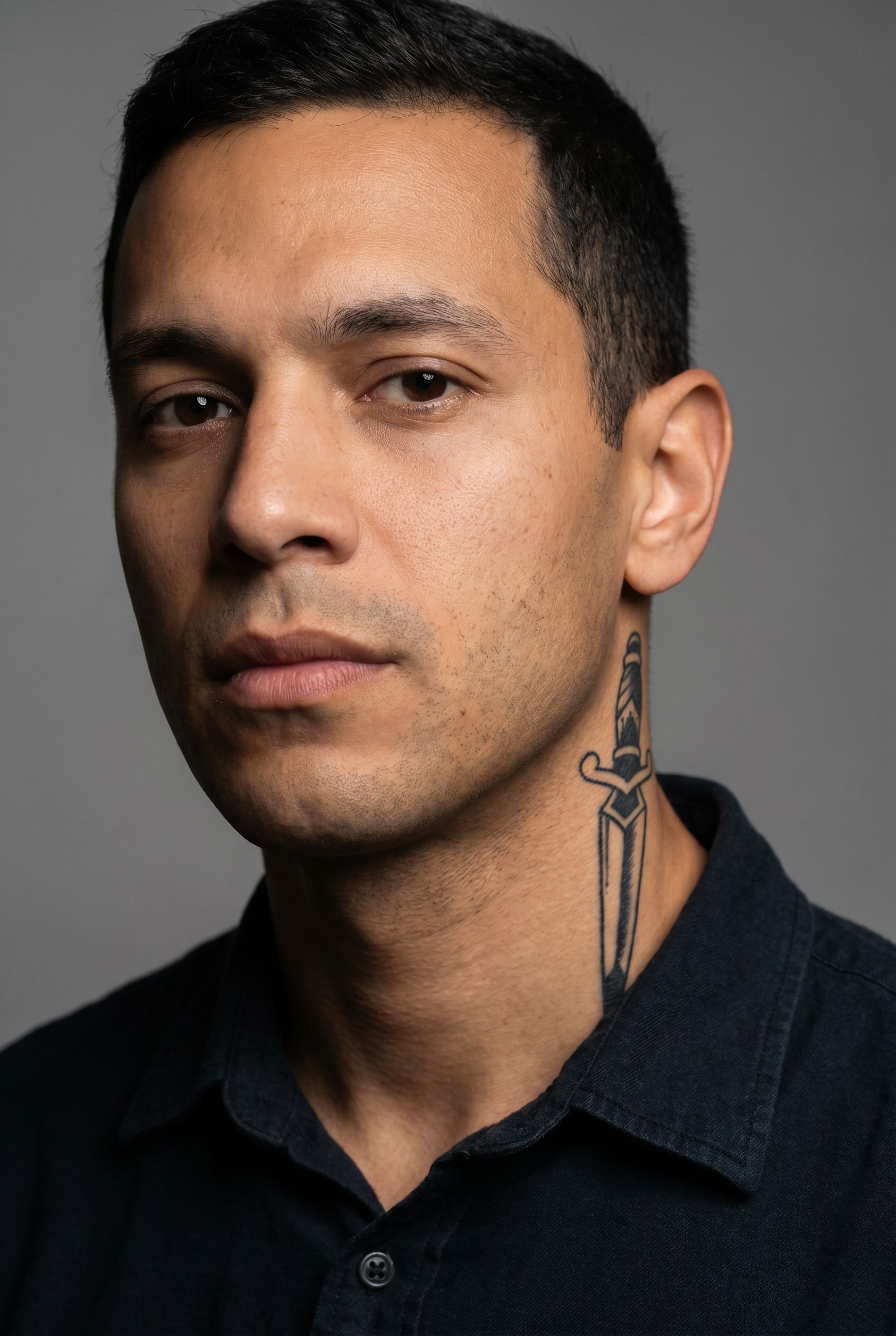 Tatouage dague graphique sur le côté du cou d'un homme