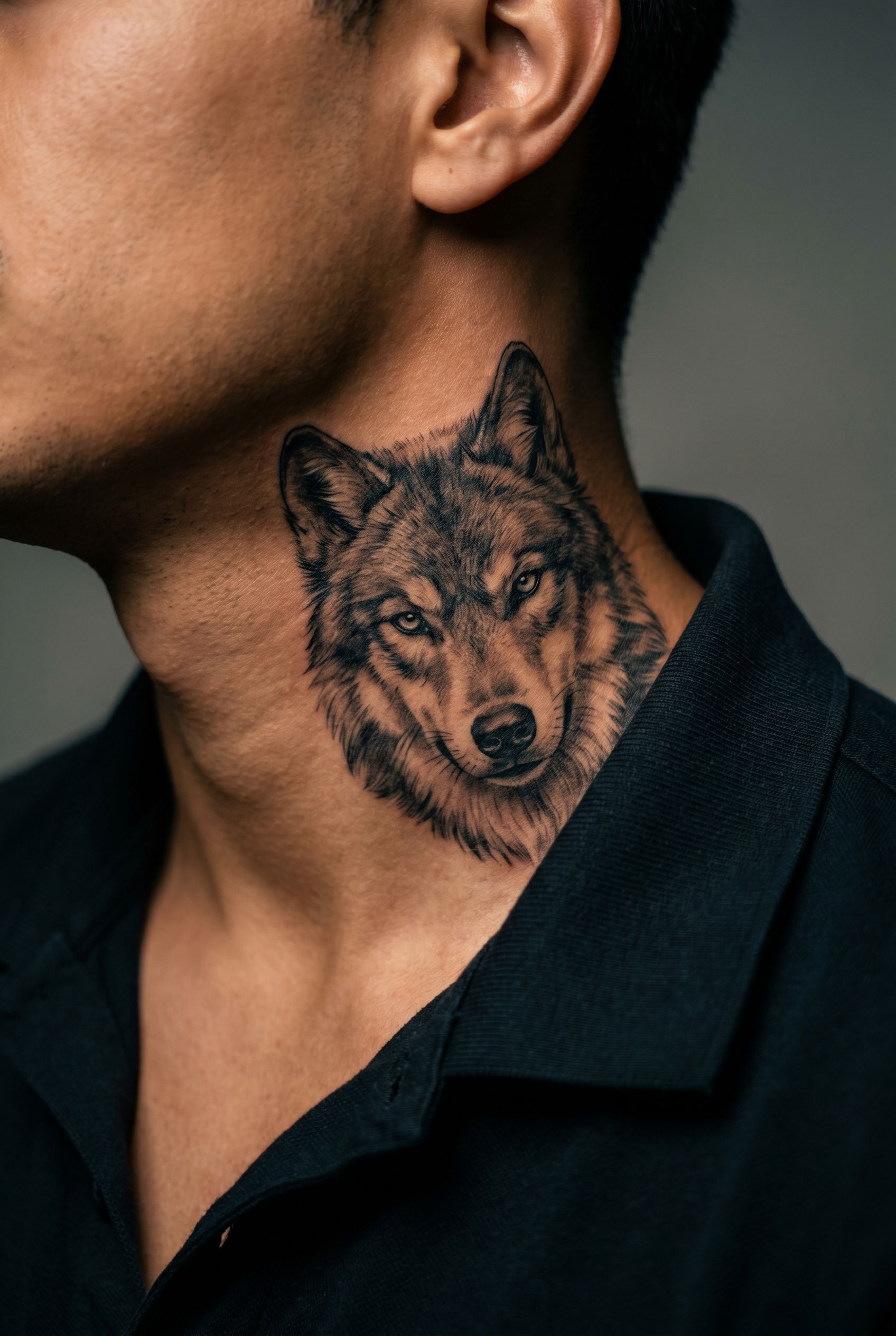 Tatouage réaliste de tête de loup sur le côté du cou d'un homme