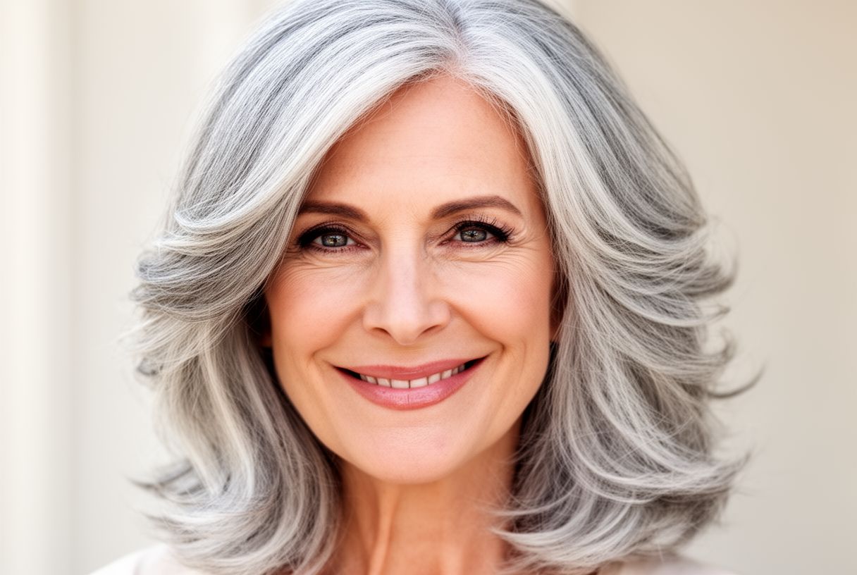 Femme de la soixantaine aux cheveux gris mi-longs dégradés lumineux