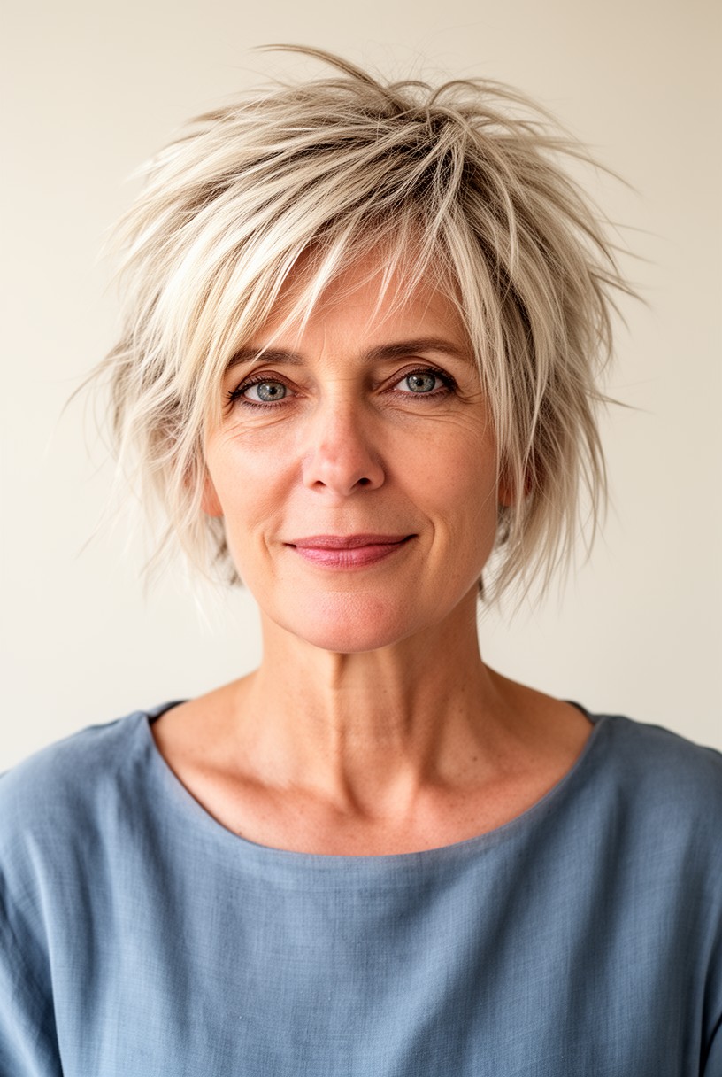 Femme de 50 ans avec une coupe courte effilée aux pointes désépaissies