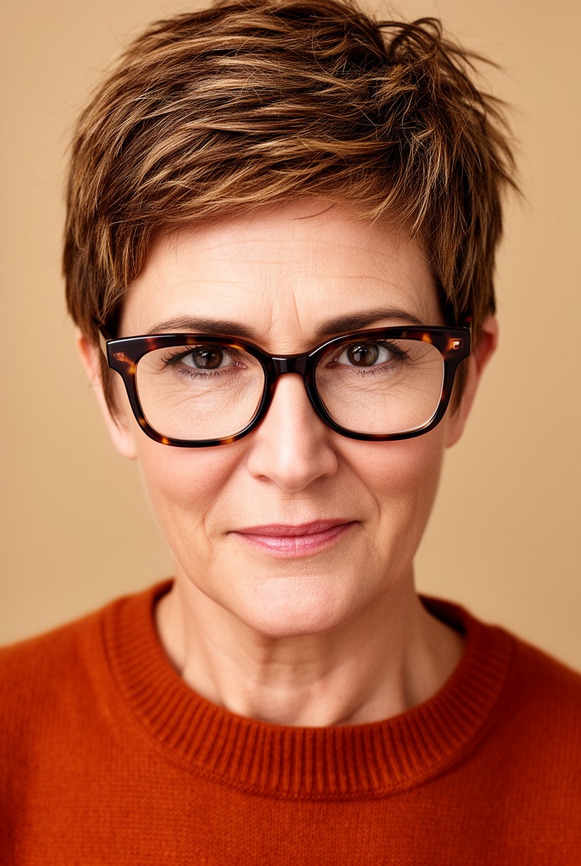 Femme de 50 ans avec une pixie et des lunettes à monture épaisse écaille