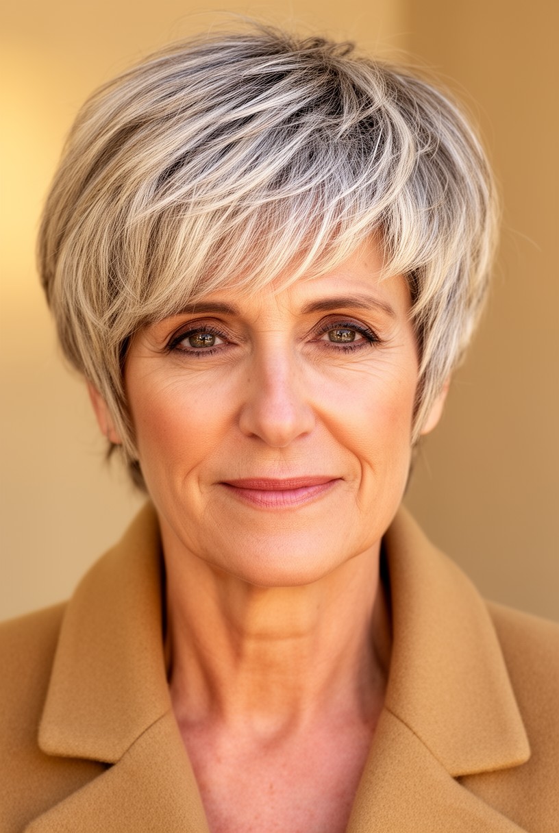 Femme de 60 ans avec une coupe courte effilée blond doux