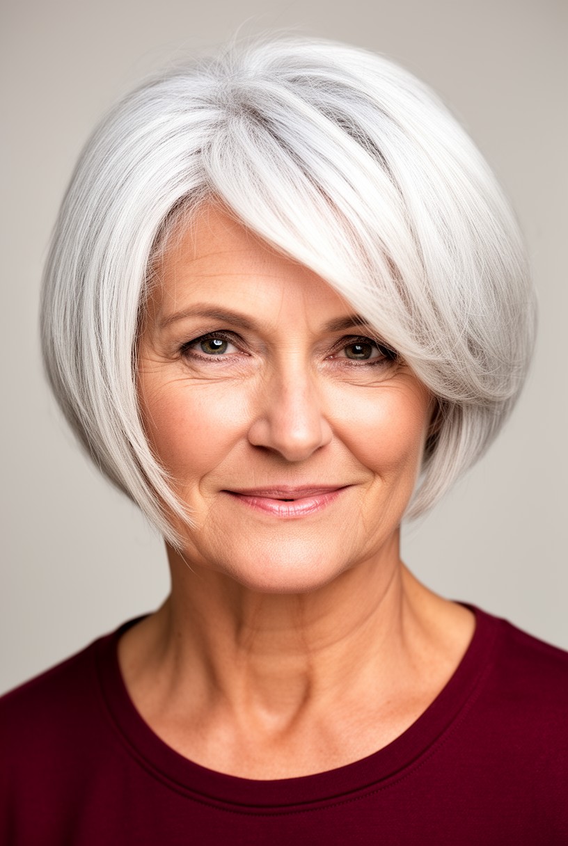 Femme de 60 ans avec un carré court dégradé et du volume sur le dessus