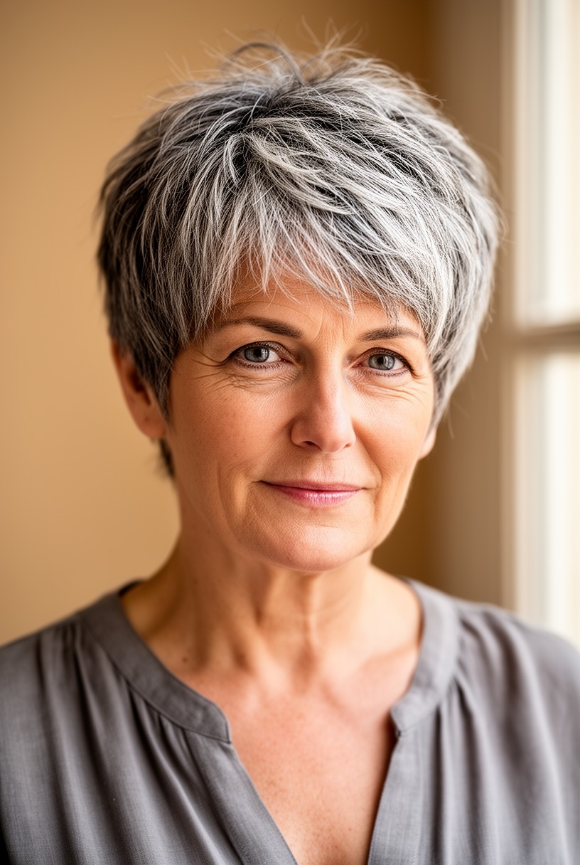 Femme de 60 ans avec une coupe courte dégradée et texturisée