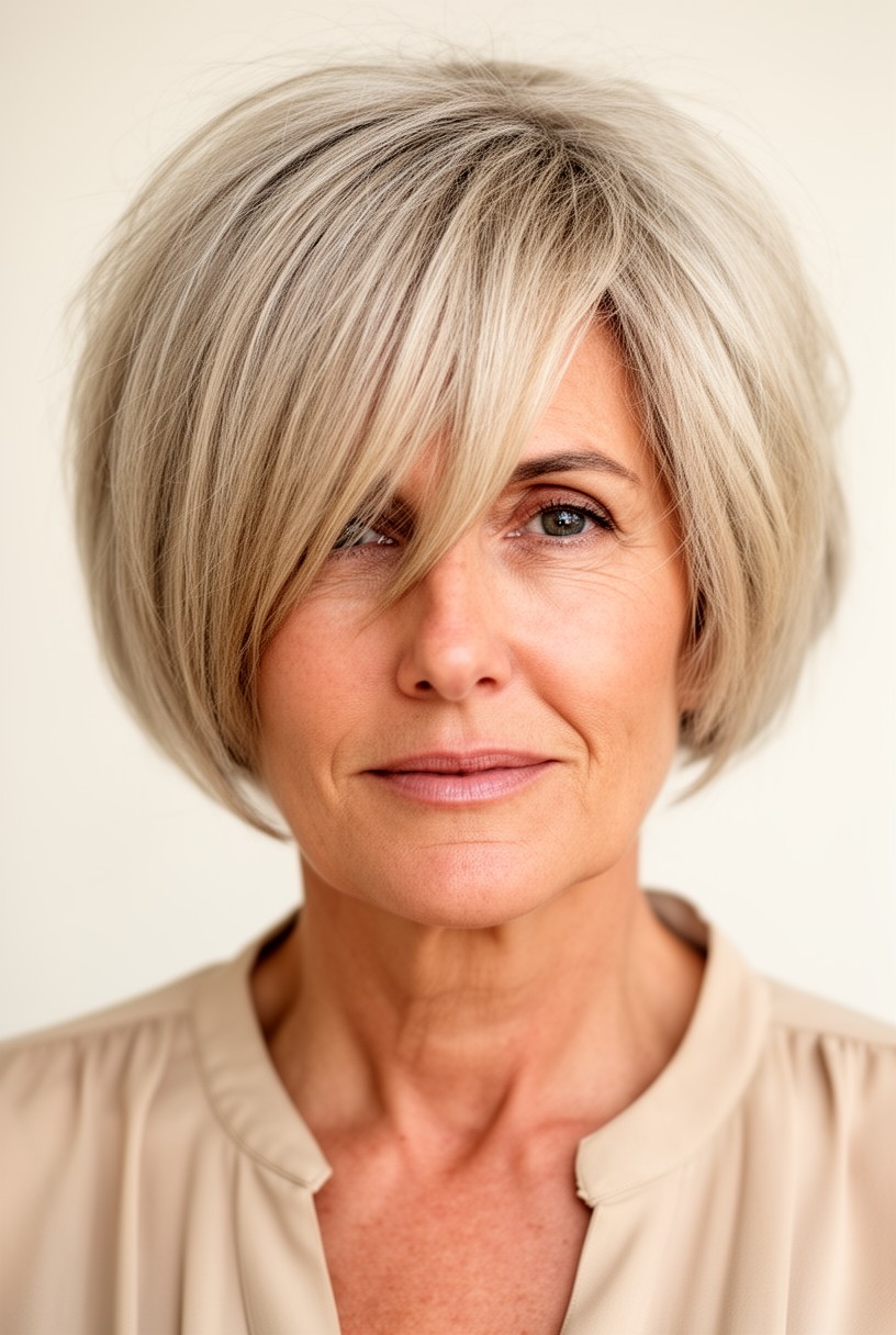 Femme de 60 ans avec une coupe courte effilée et une frange balayée