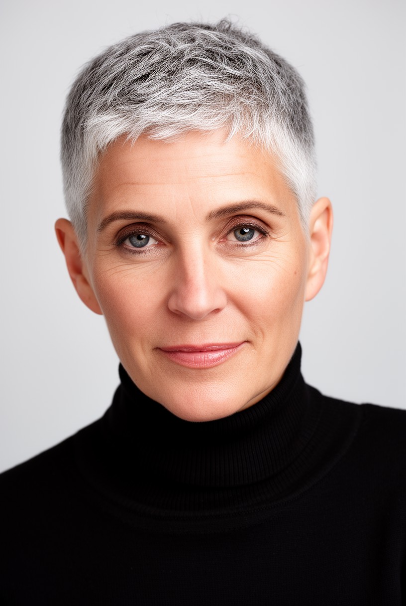Femme de 60 ans avec une coupe garçonne très courte