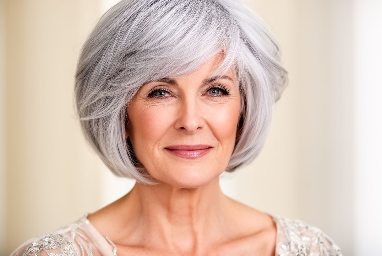 Femme de 60 ans coupe courte effilée grise lumineuse
