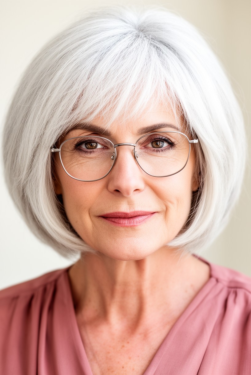 Femme de 60 ans avec un carré court effilé et des montures fines