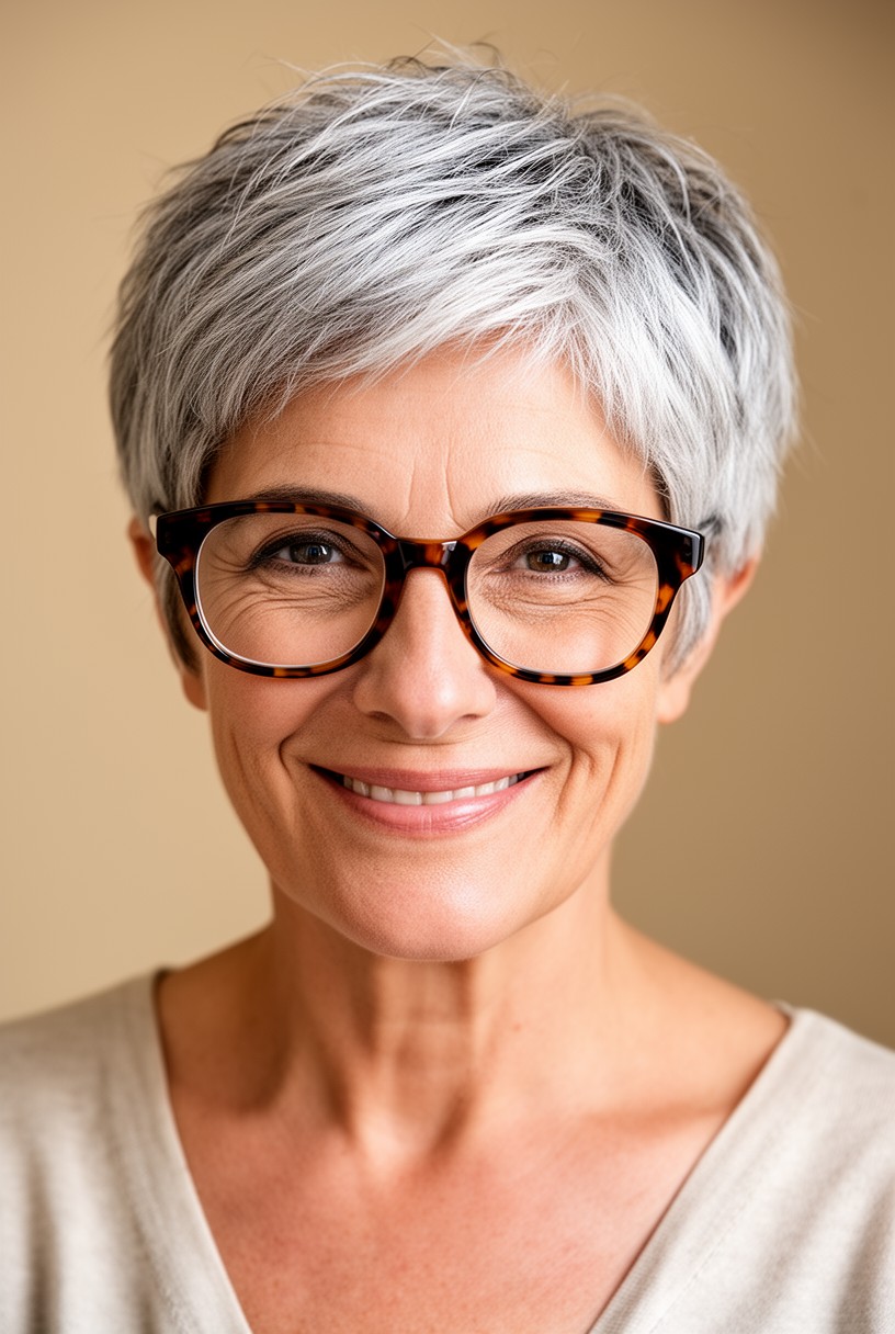 Femme de 60 ans avec une pixie effilée et des lunettes écaille