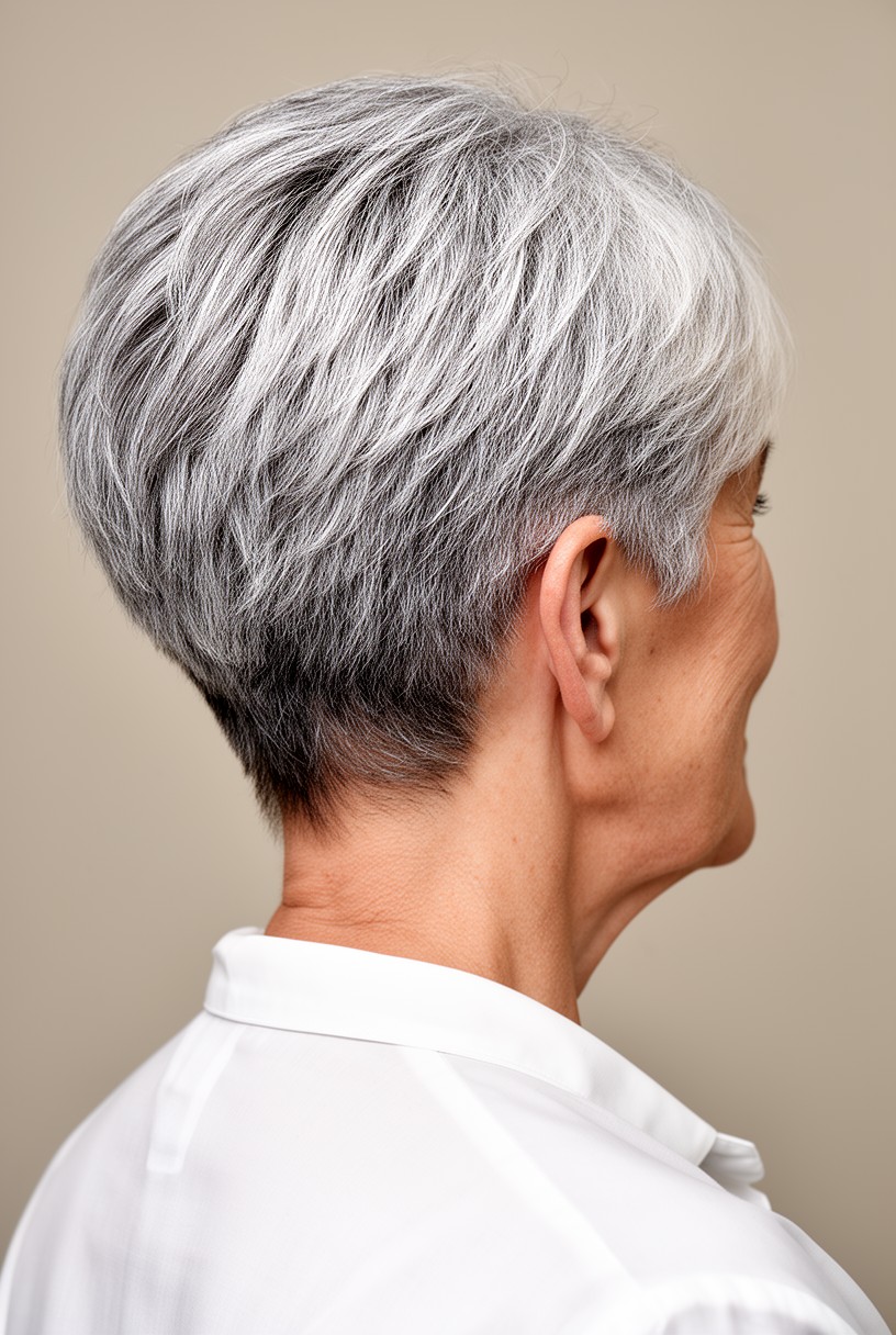 Nuque dégagée sur une coupe courte effilée de femme de 60 ans