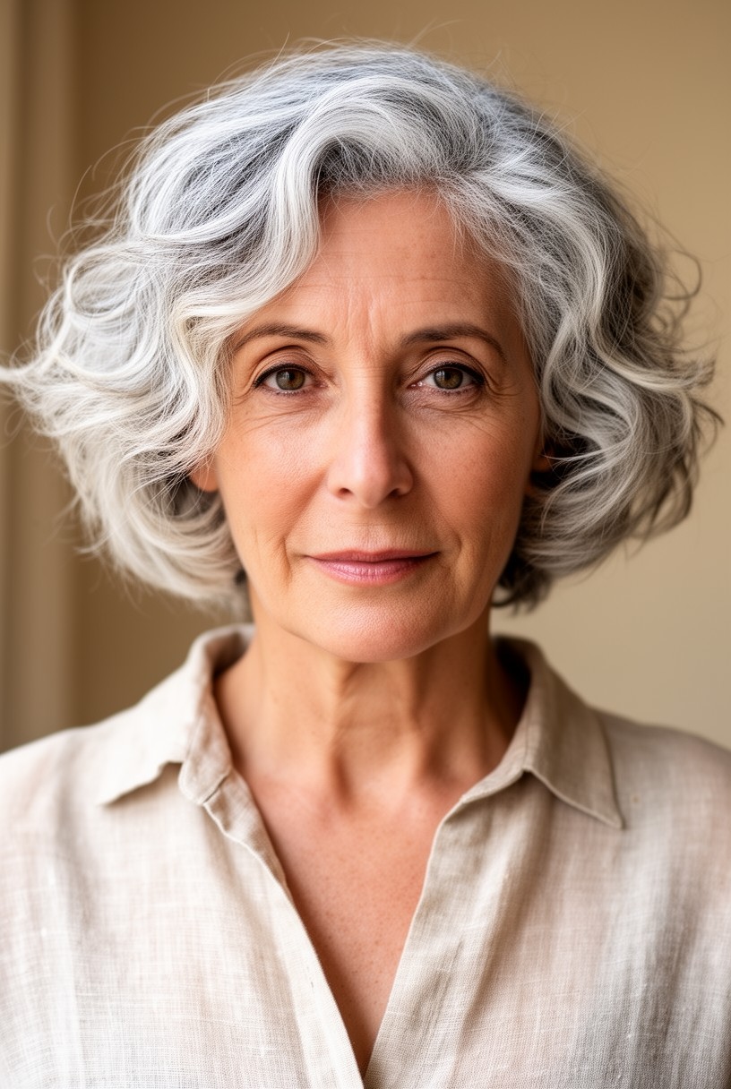 Femme de 60 ans avec une coupe courte effilée ondulée