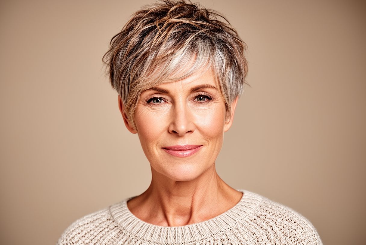 Femme de 60 ans avec une pixie effilée