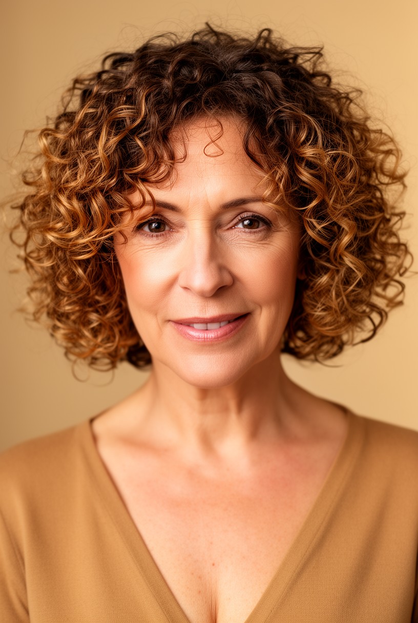Femme de 50 ans avec une coupe courte bouclée et un balayage doux