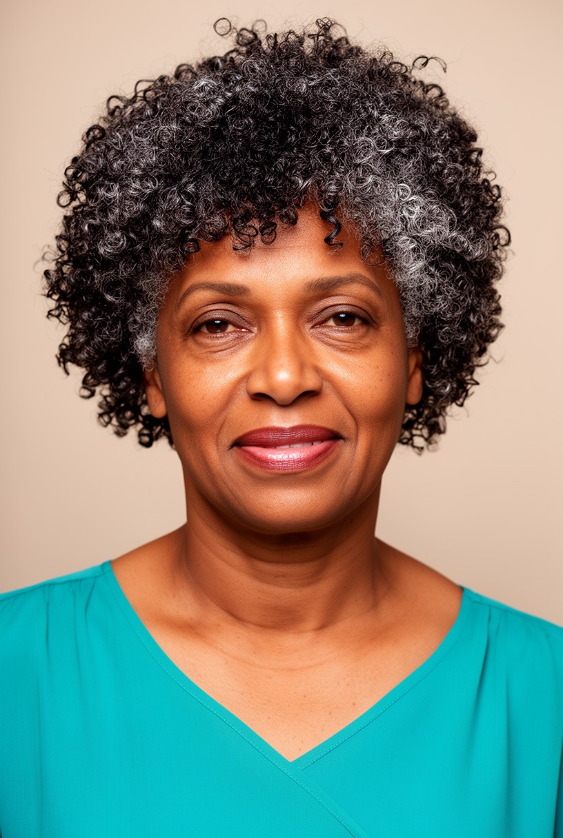 Femme de 50 ans avec des cheveux crépus courts bien hydratés