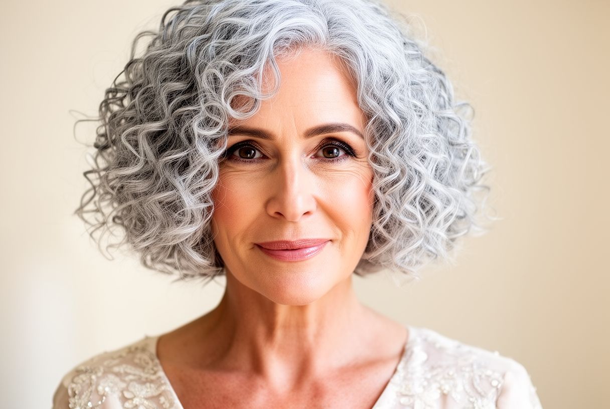 Femme de 50 ans coupe courte bouclée grise lumineuse