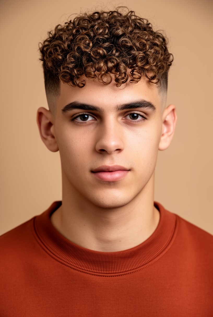 Homme aux cheveux bouclés avec une french crop et une frange bouclée vers l'avant