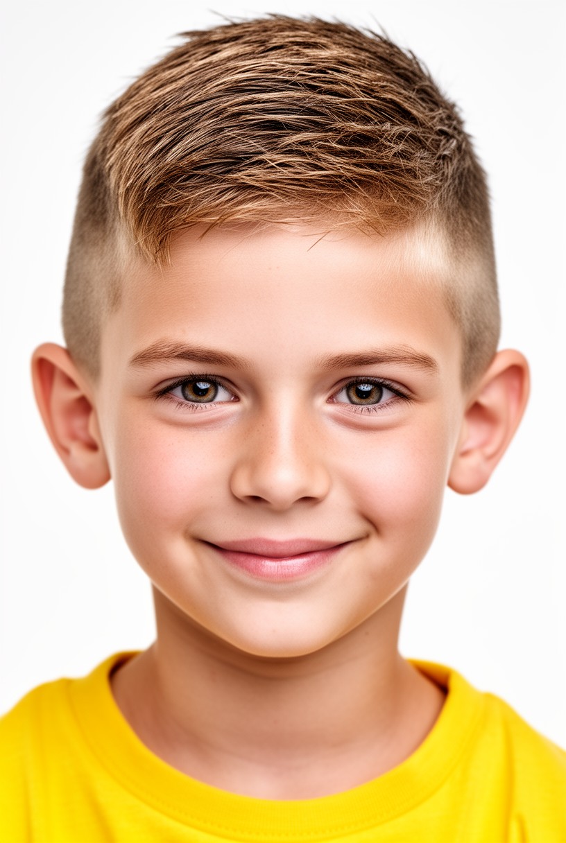 Garçon de 10 ans avec une coupe simple et moderne, courte sur les côtés