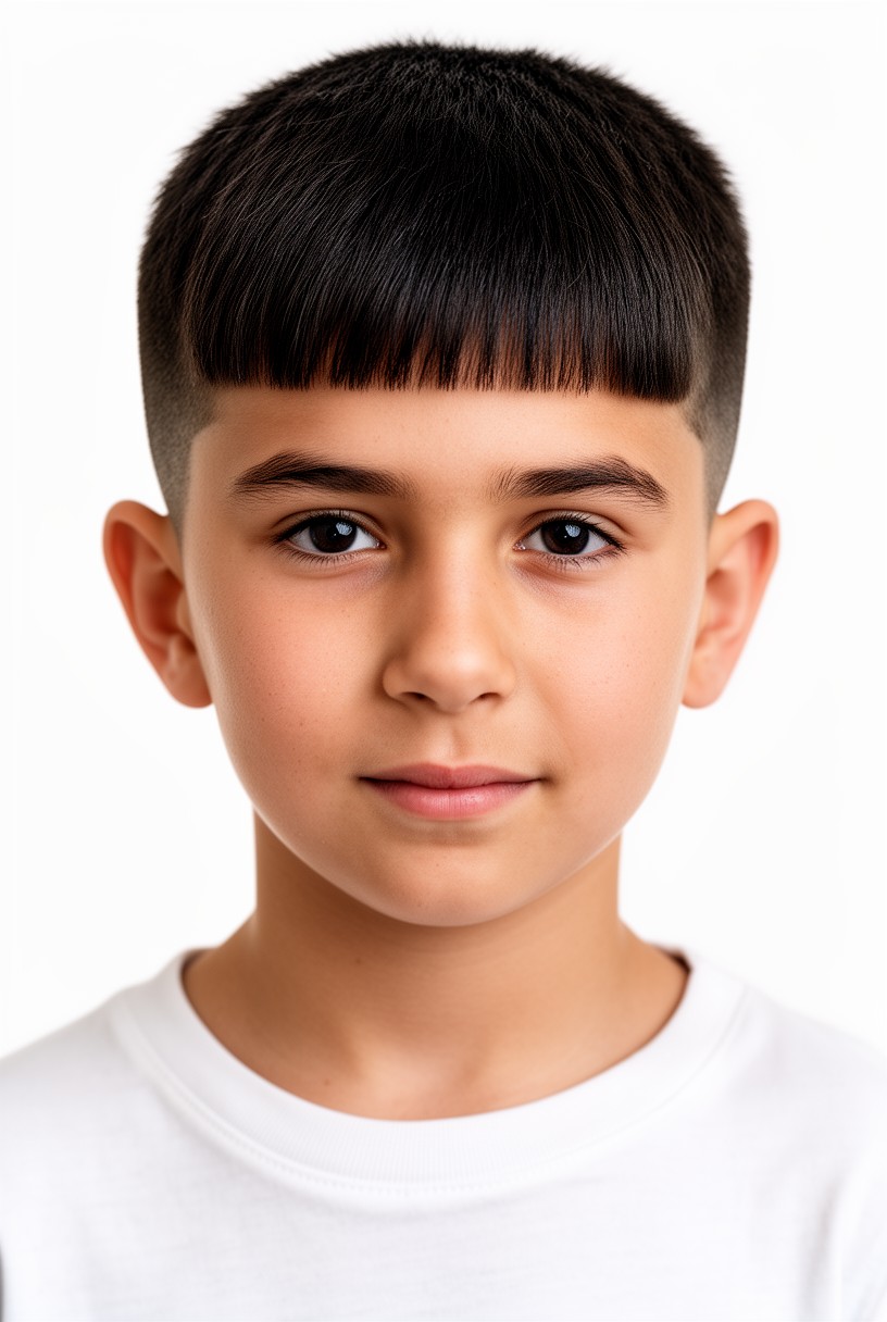 Garçon de 12 ans aux cheveux raides avec un crop à frange droite