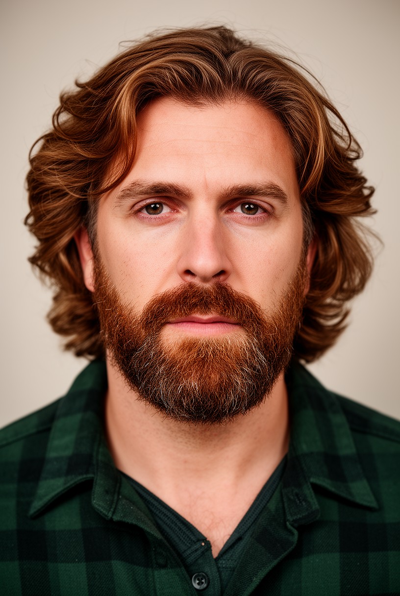 Homme avec un mi-long dégradé et une barbe fournie