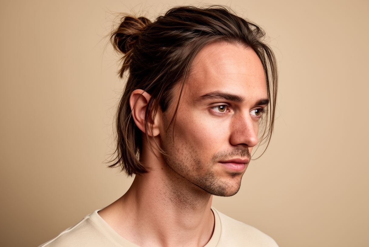 Homme cheveux mi-longs attachés en man bun