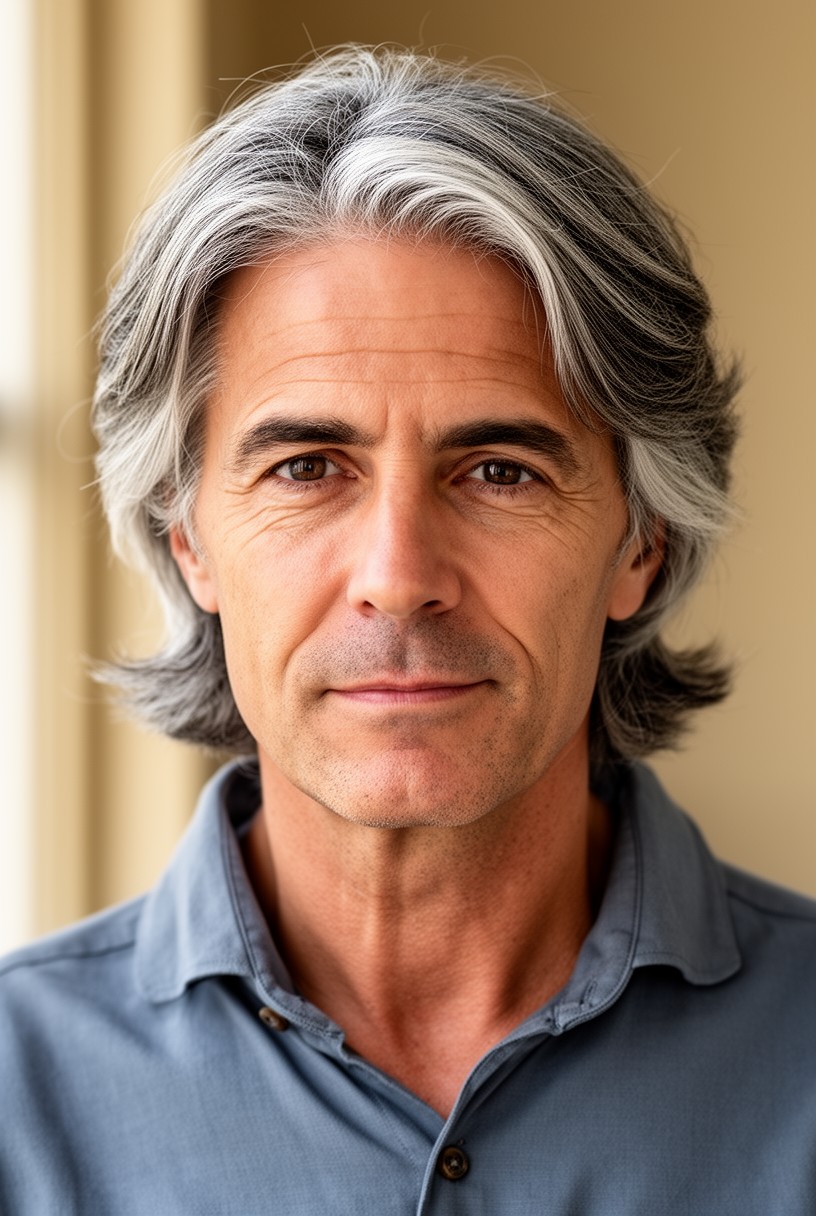 Homme d'âge mûr avec un mi-long dégradé poivre et sel