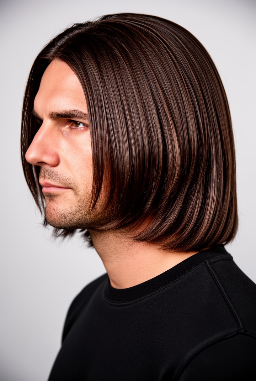 Homme avec un mi-long dégradé sur cheveux raides et lisses