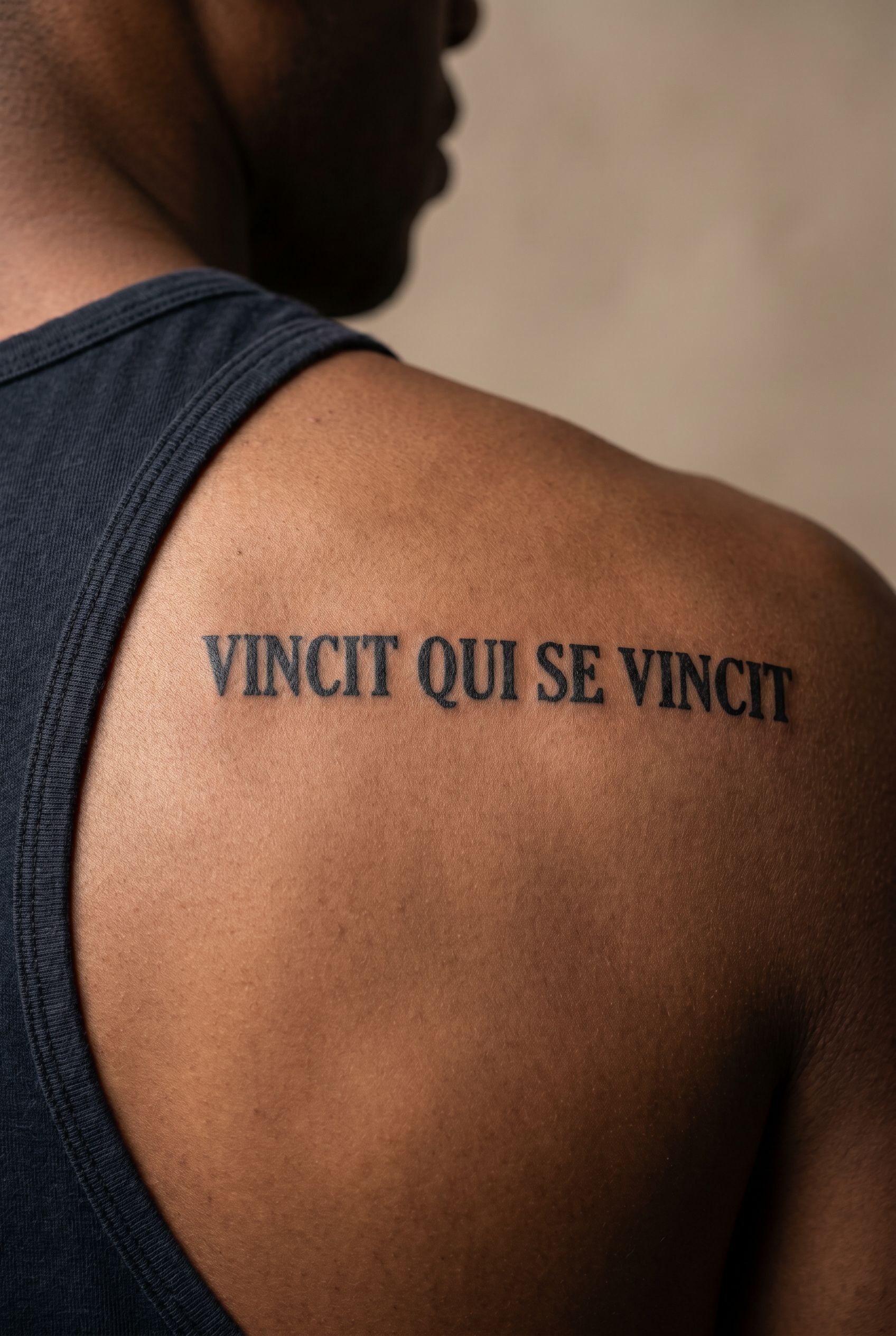 Tatouage de la phrase latine Vincit qui se vincit sur l'avant-bras