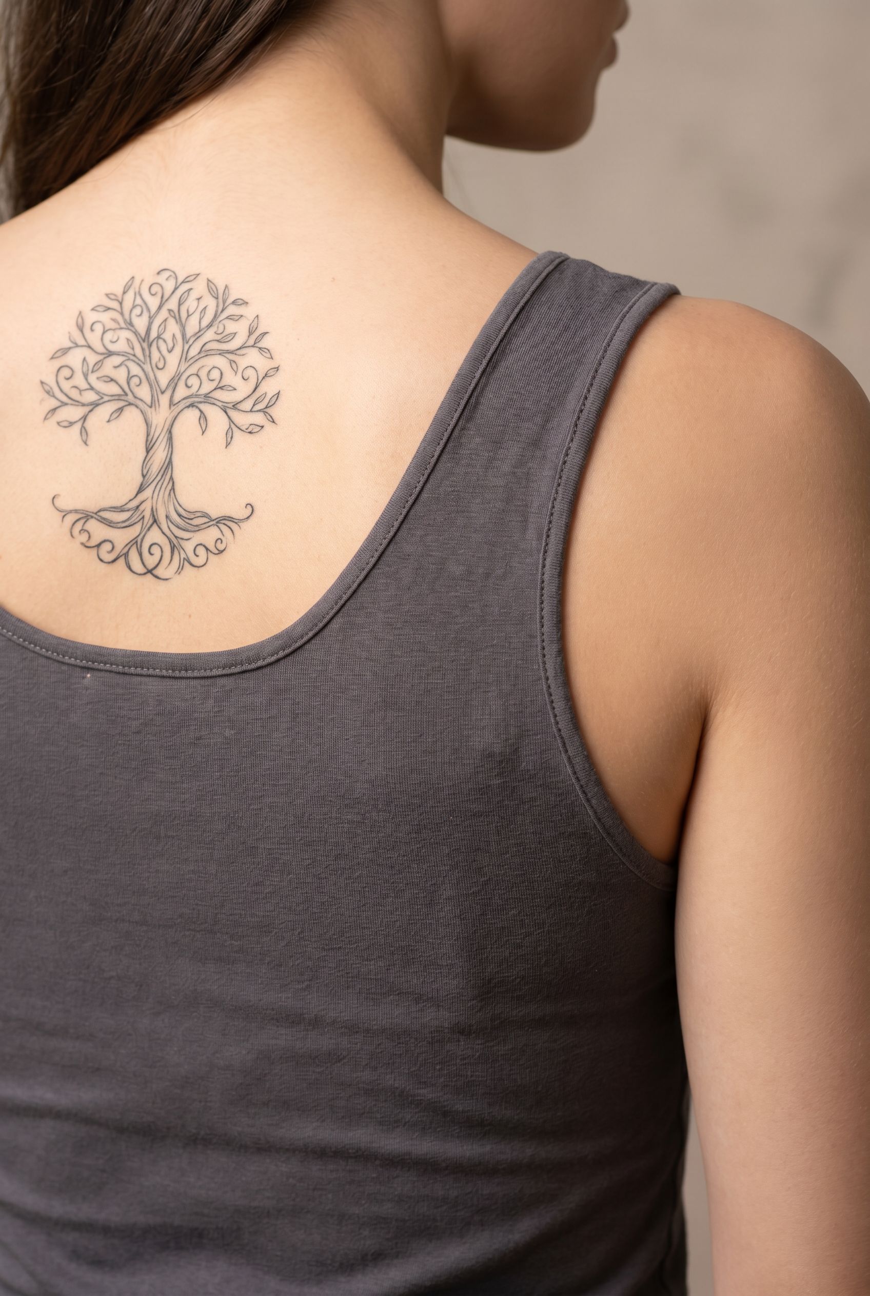 Tatouage d'un arbre de vie stylisé sur le haut du dos d'une femme