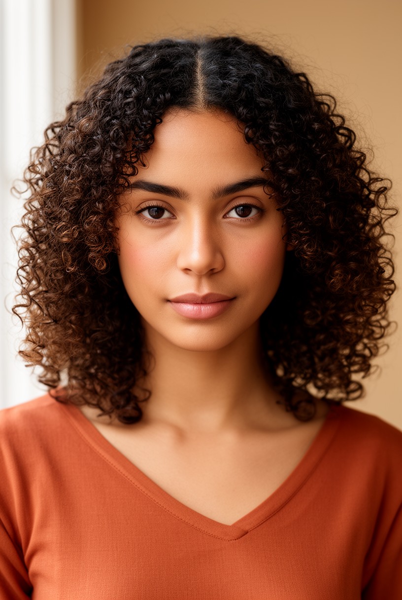 Femme aux cheveux bouclés avec une raie au milieu