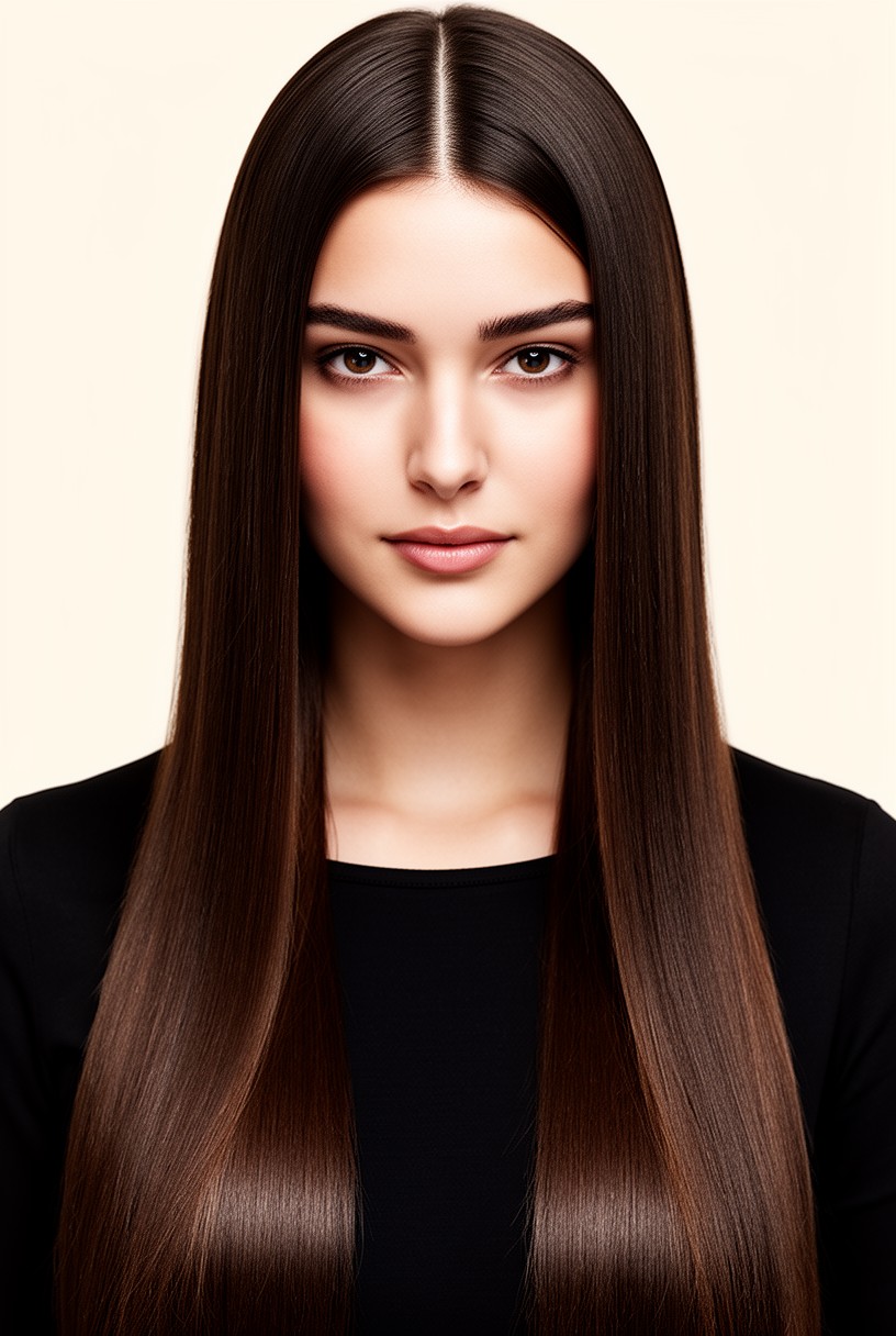 Femme aux cheveux très longs et lisses avec une raie au milieu