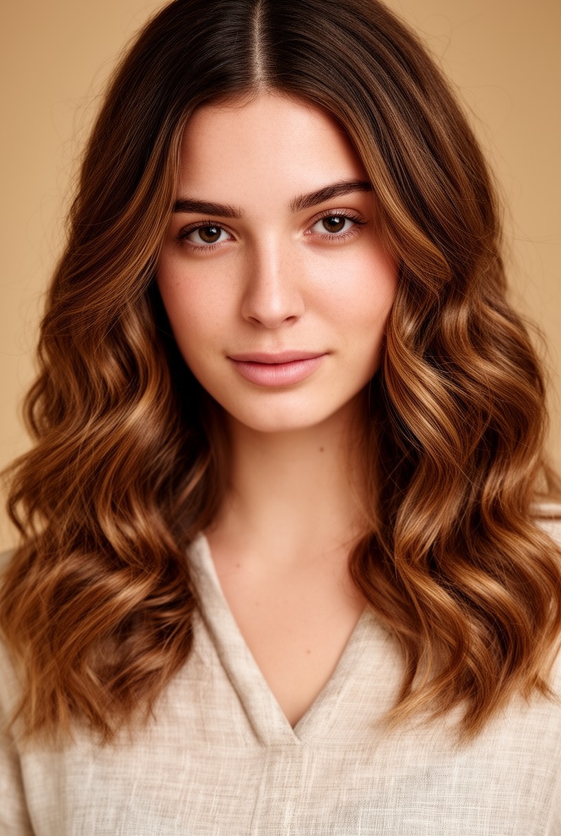 Femme aux cheveux ondulés avec une raie au milieu naturelle