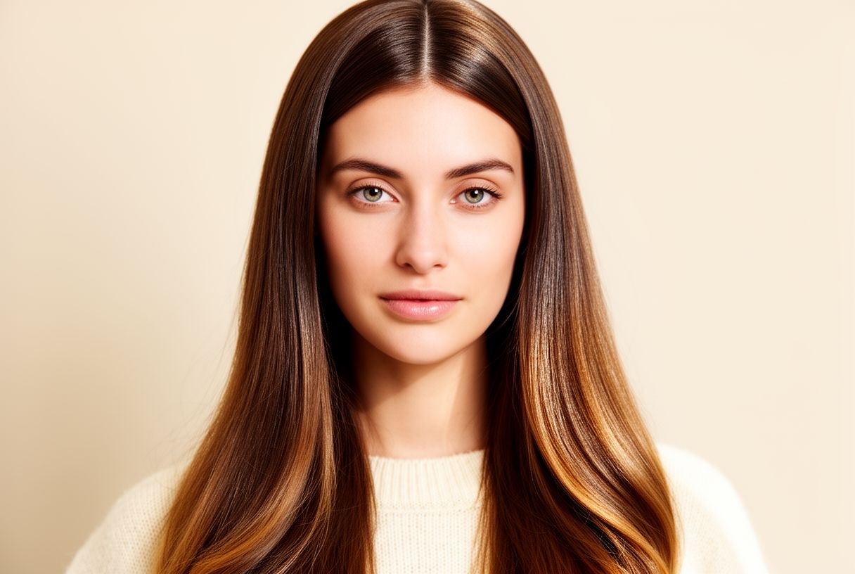 Femme aux longs cheveux lisses avec une raie au milieu