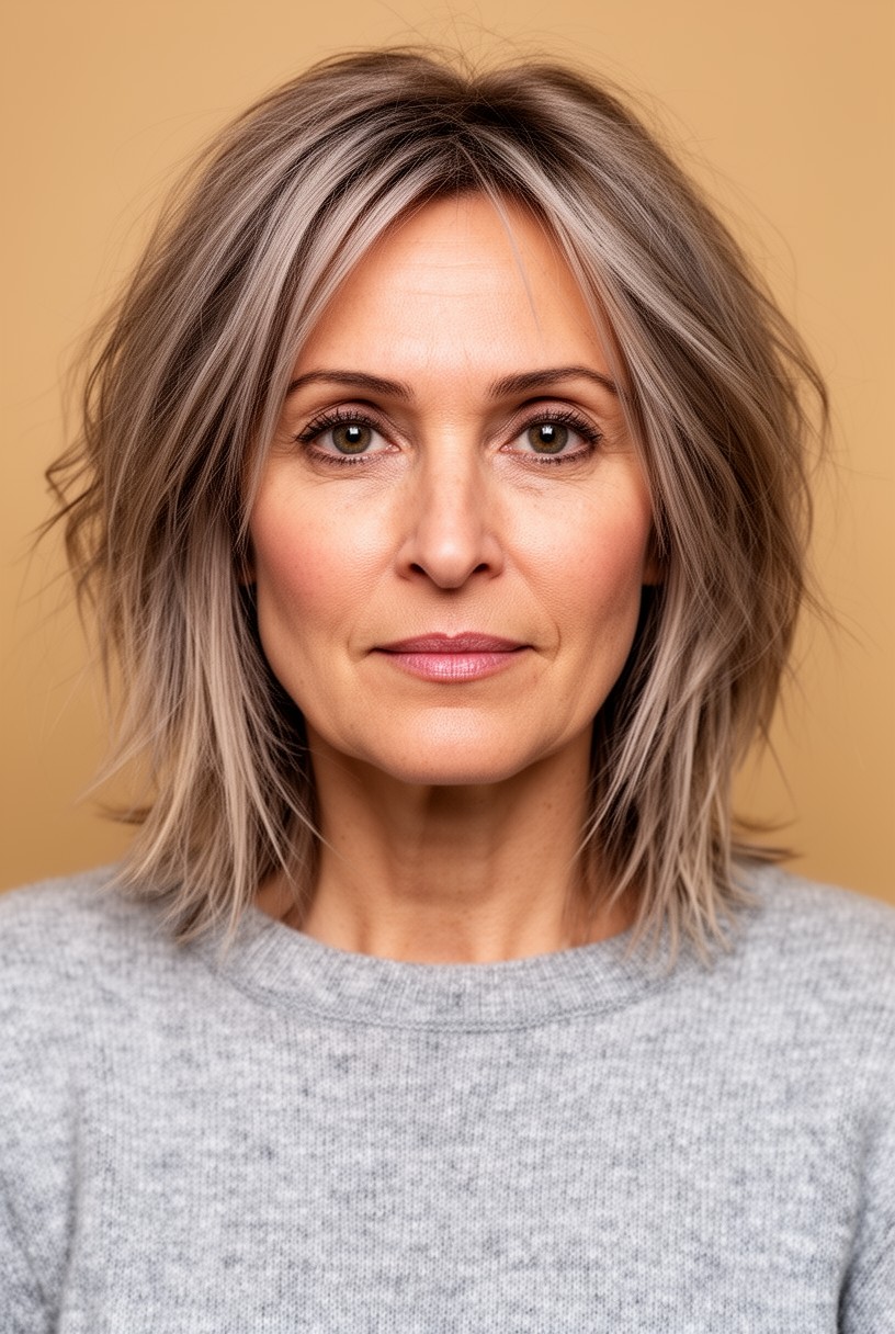 Femme aux cheveux mi-longs effilés aux pointes désépaissies et texturisées