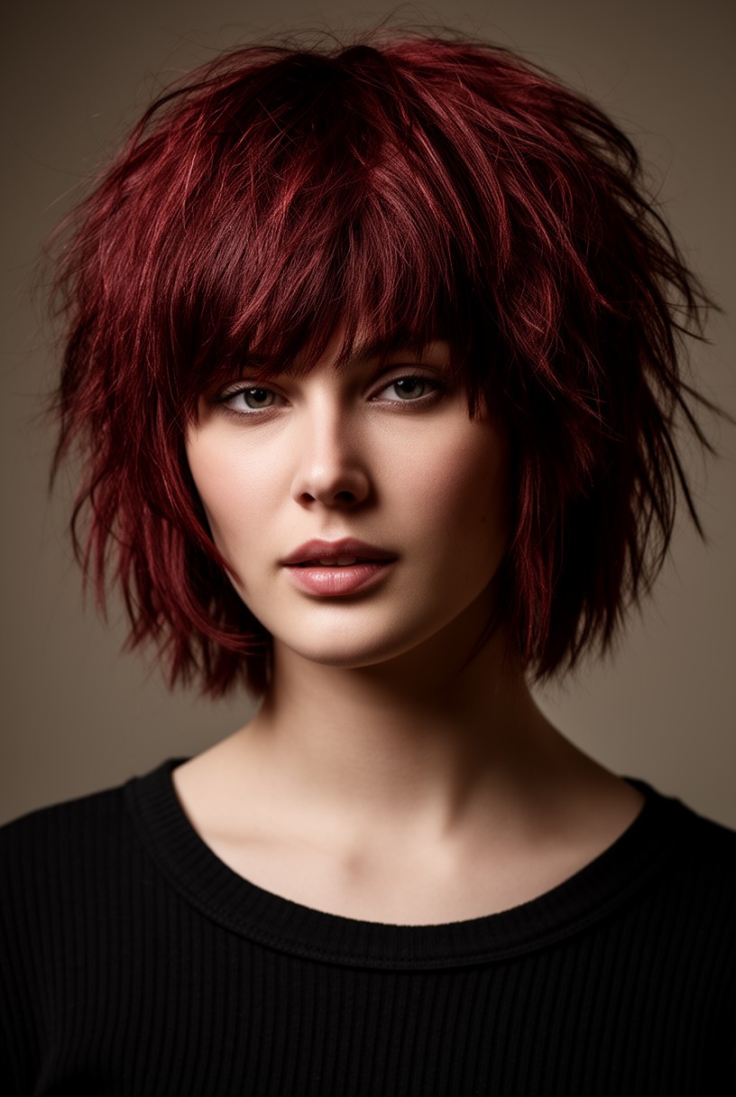 Femme aux cheveux mi-longs avec une coupe shag dégradée et texturisée
