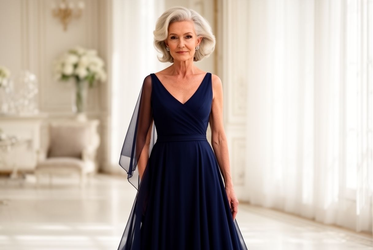 Femme de 60 ans en robe de cérémonie bleu nuit