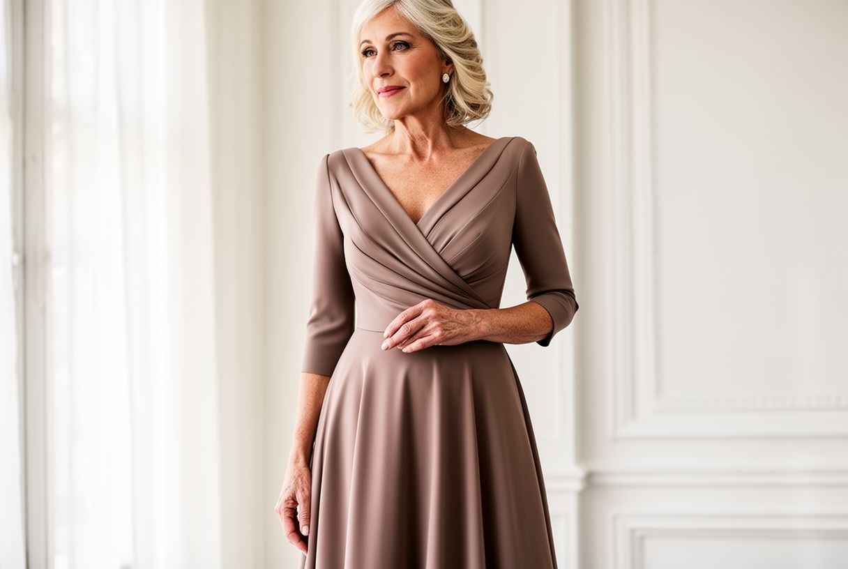 Femme de 60 ans en robe de cérémonie midi élégante
