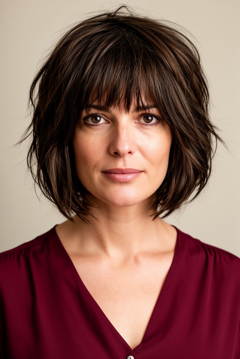 Femme aux cheveux épais avec une coupe shag qui discipline la masse