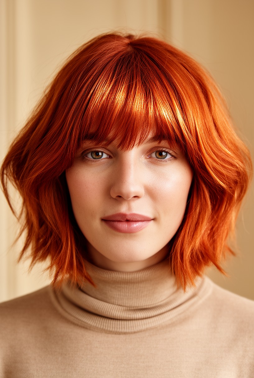 Femme avec une coupe shag de couleur cuivrée chaude