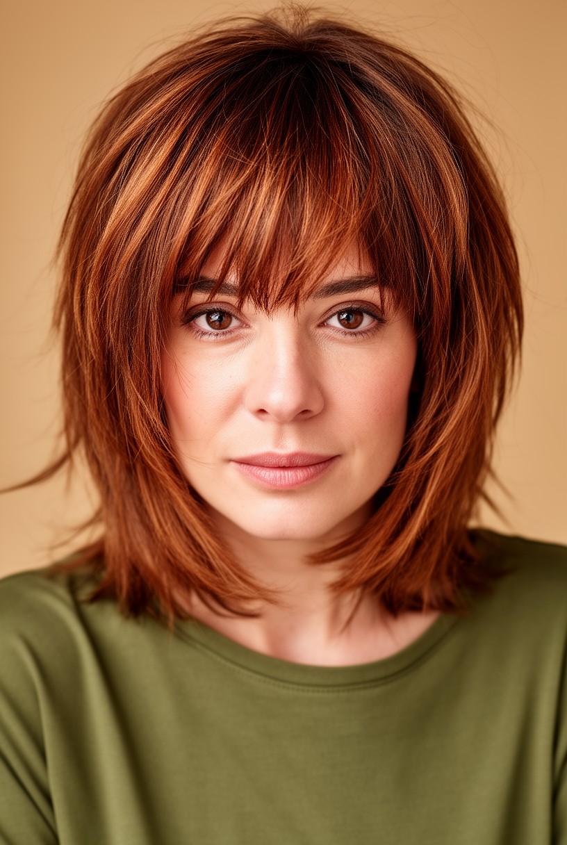 Femme avec une coupe shag mi-longue effilée et volumineuse