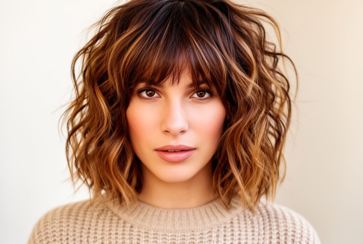 Femme avec une coupe shag ondulée et volumineuse