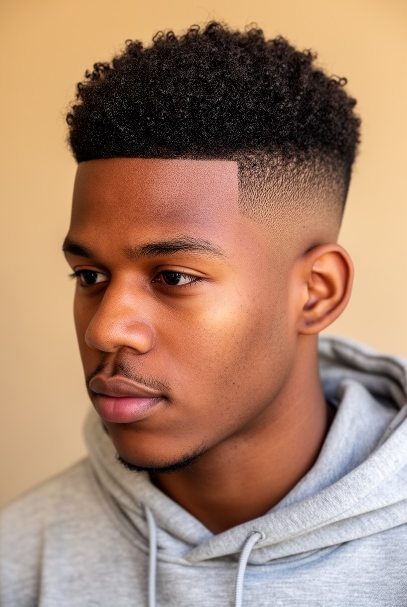 Homme noir avec un mid taper afro et un fondu à mi-hauteur